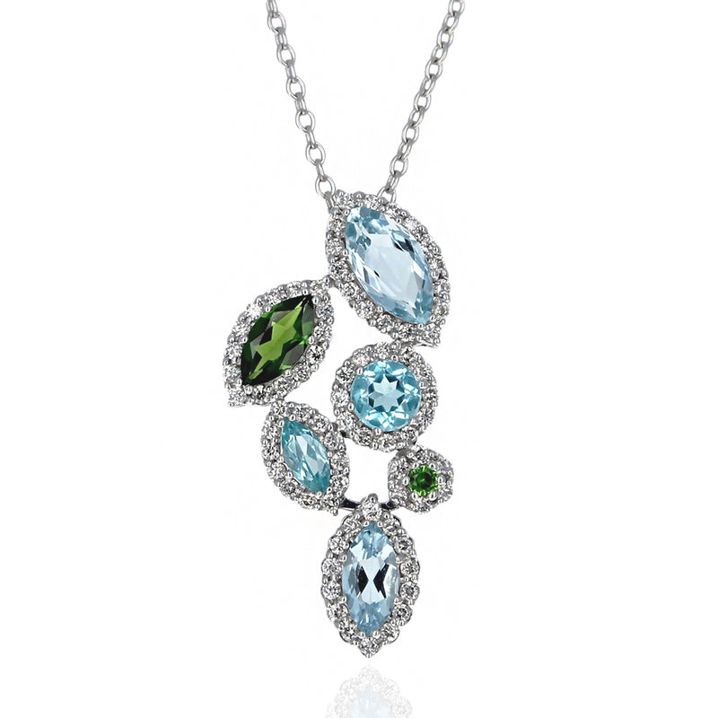 Aquamarine, Apatite, Chrome Diopside and Diamond Drop Necklace