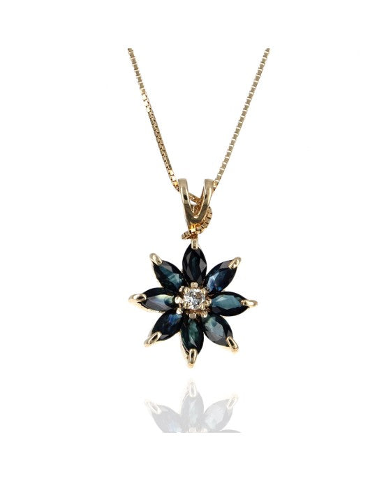 Blue Sapphire and Diamond Flower Drop Necklace in Yellow Gold