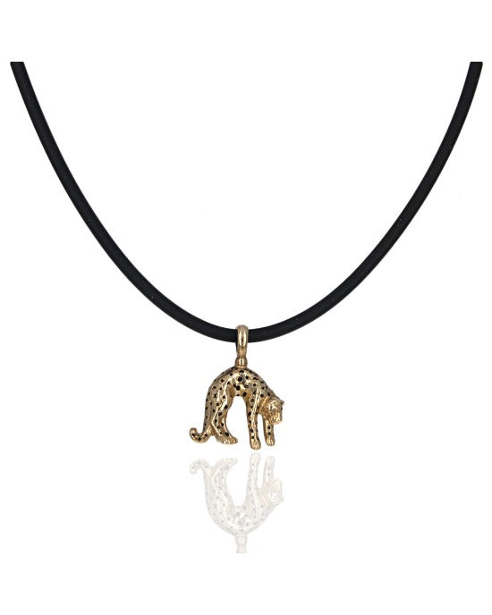 Black Enamel Spotted Leopard Drop Necklace in Yellow Gold