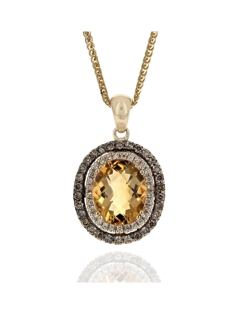 Citrine and Diamond Double Halo Drop Necklace in Yellow Gold