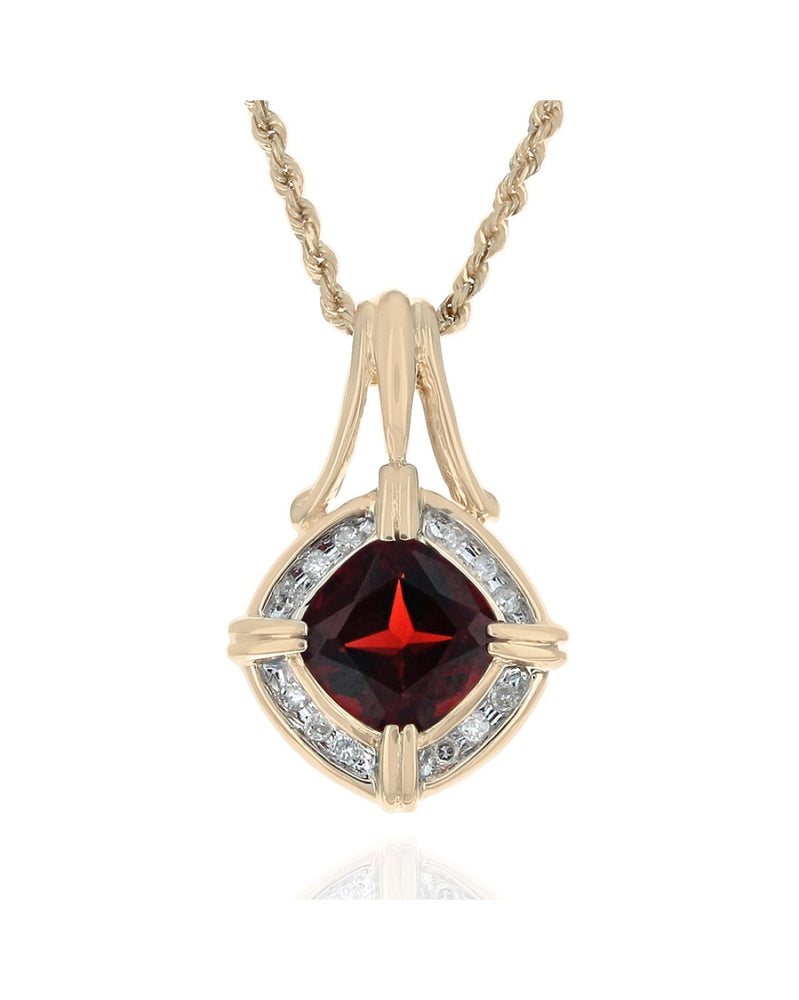 Pyrope Garnet and Diamond Square Halo Drop Necklace in Yellow Gold