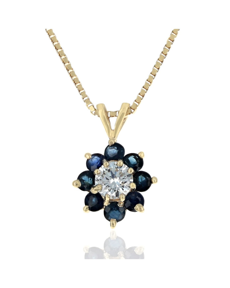 Blue Sapphire and Diamond Flower Drop Necklace in Yellow Gold