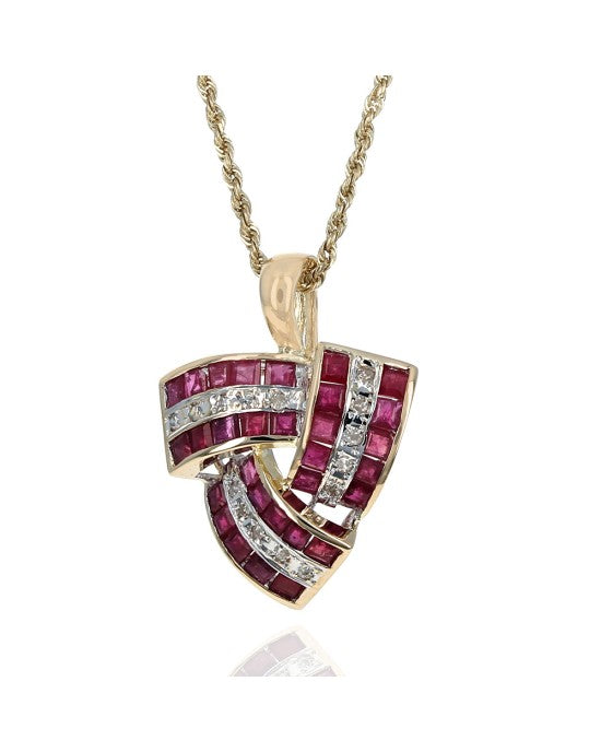 Ruby and Diamond Crossover Ribbon Triangle Drop Necklace in Yellow Gold