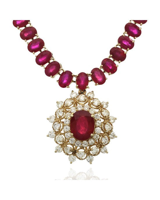 Mozambique Ruby and Diamond Triple Halo Drop Necklace