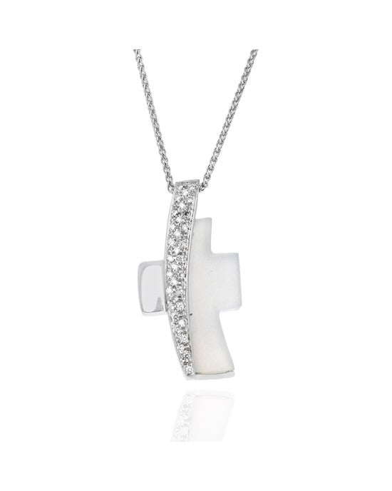 Diamond and Carved Blue Chalcedony Cross Necklace