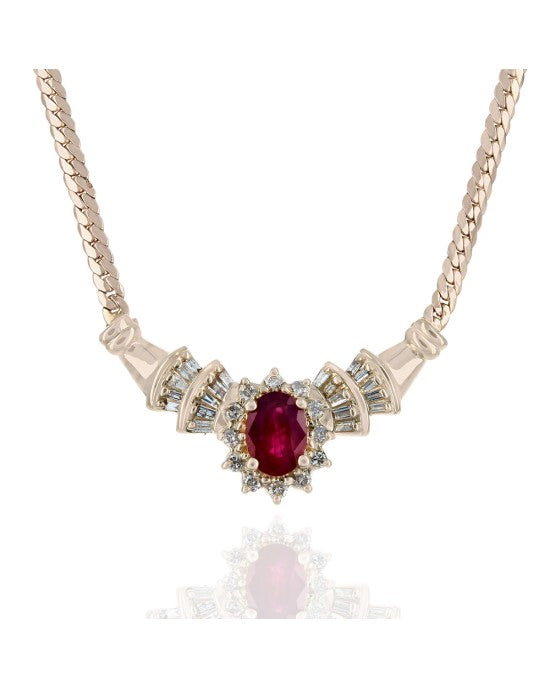 Ruby and Diamond Halo Station Necklace in Yellow Gold