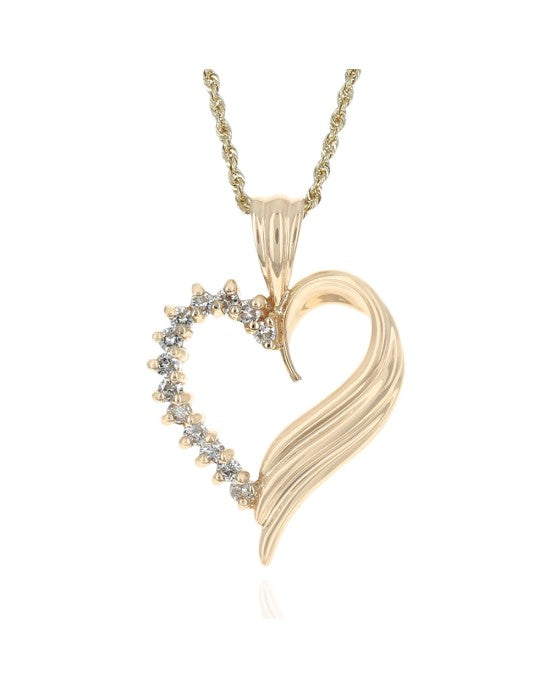 Diamond Fluted Open Heart Drop Necklace in Yellow Gold