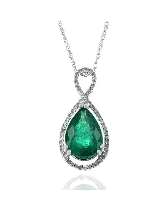 Emerald and Diamond Halo Drop Necklace