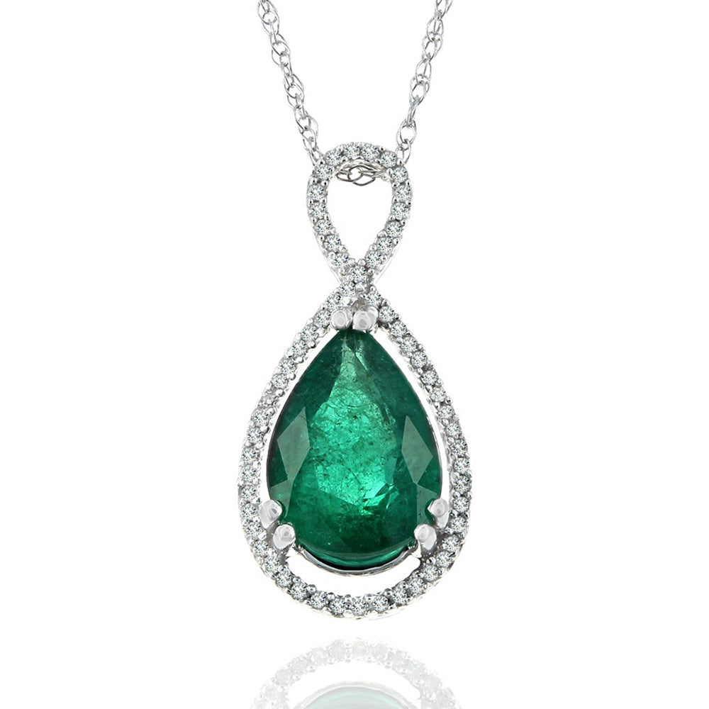 Emerald and Diamond Halo Drop Necklace
