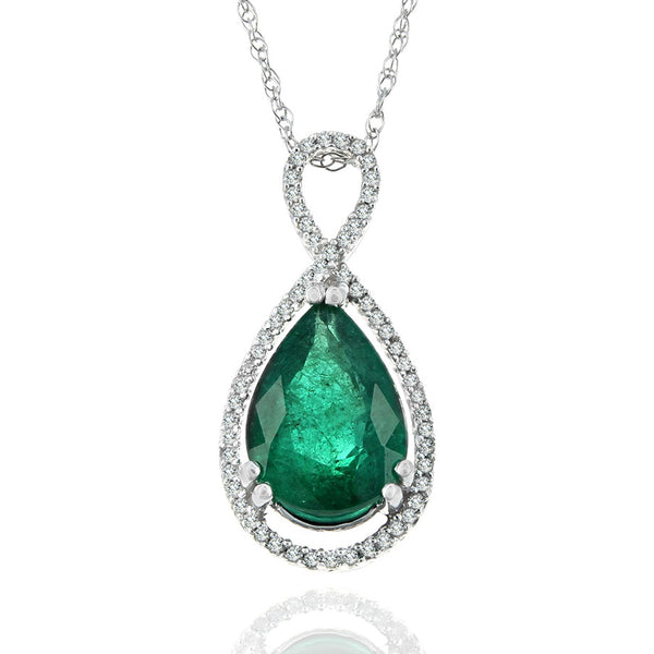 Emerald and Diamond Halo Drop Necklace