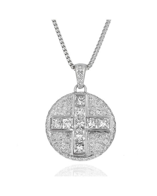 Princess and Round Diamond Cross Disk Drop Necklace