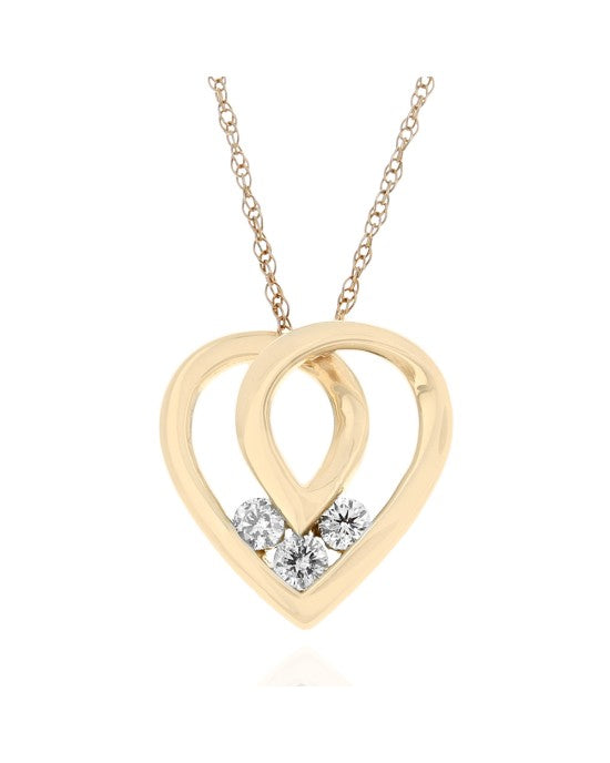 Diamond Open Ribbon Heart Drop Necklace in Yellow Gold