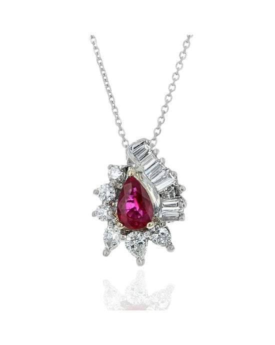 Burmese Ruby and Mixed Cut Diamond Drop Necklace