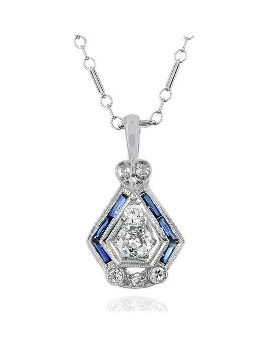 Vintage Diamond and Synthetic Sapphire Drop on Bar Cabla Chain Necklace