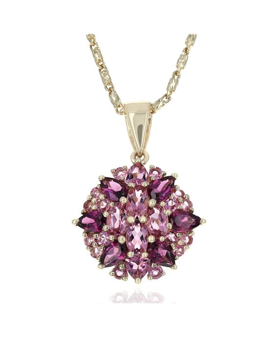 Pink Tourmaline and Garnet Round Cluster Drop Necklace in Yellow Gold