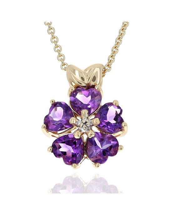 Amethyst and Diamond Accent Flower Drop Necklace in Yellow Gold