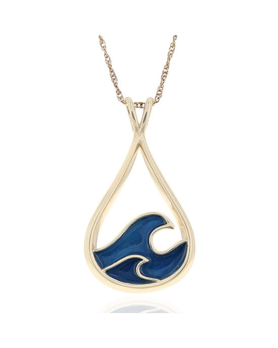 Blue Enamel Open Cut Wave Drop Necklace in Yellow Gold