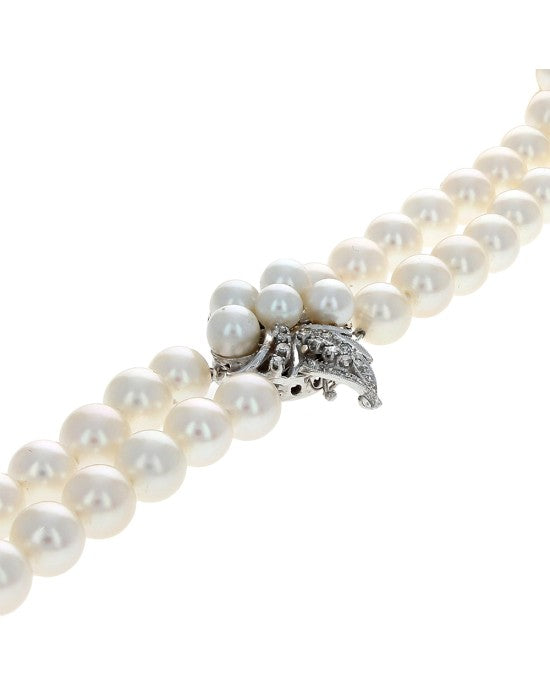 Akoya Pearl 2 Stran Nesting Necklace with 14K Pearl and Diamond Clasp