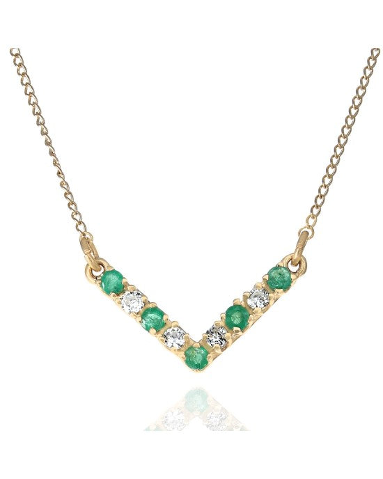 Alternating Green Beryl and Diamond Chevron Station Necklace in Yellow Gold