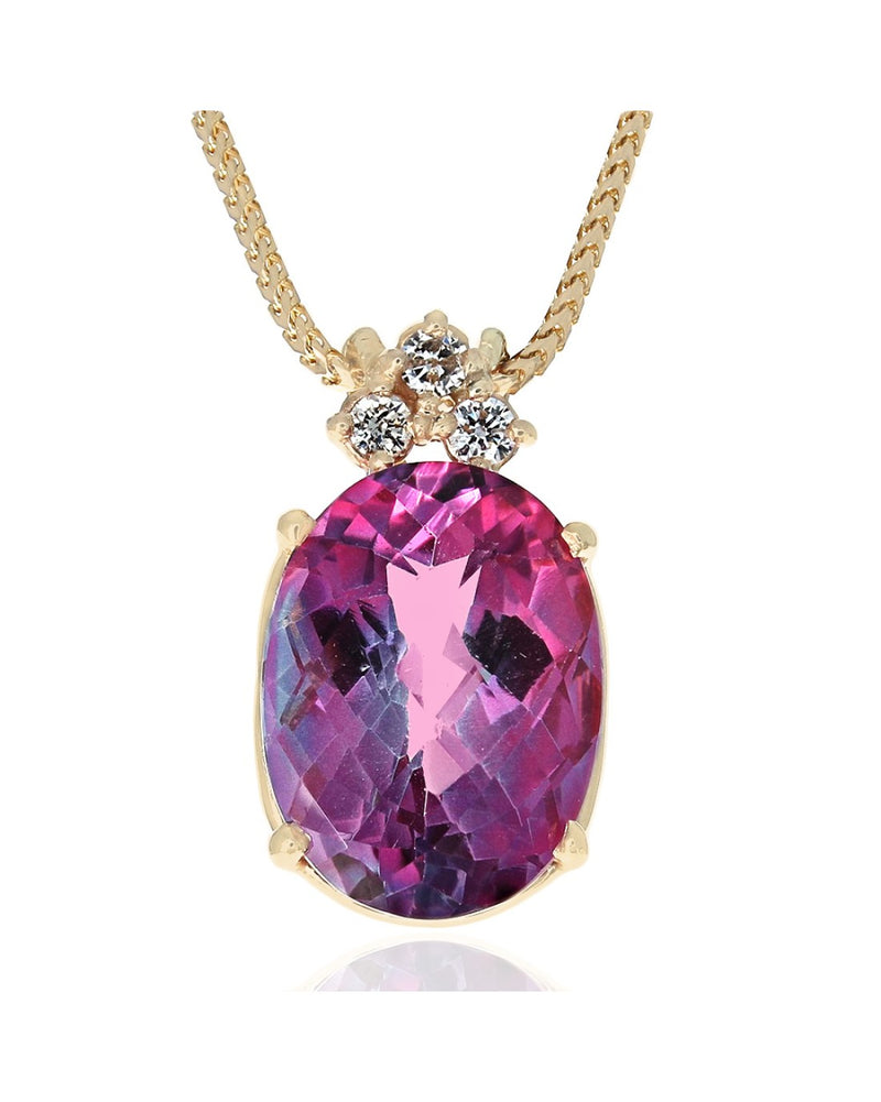 Coated Pink Topaz and Diamond Drop Necklace in Yellow Gold