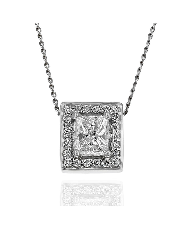 Princess Cut Diamond Halo Drop Necklace