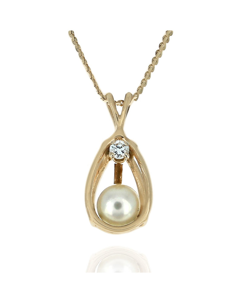 Pearl and Diamond Open Pear Shaped Drop Necklace in Yellow Gold