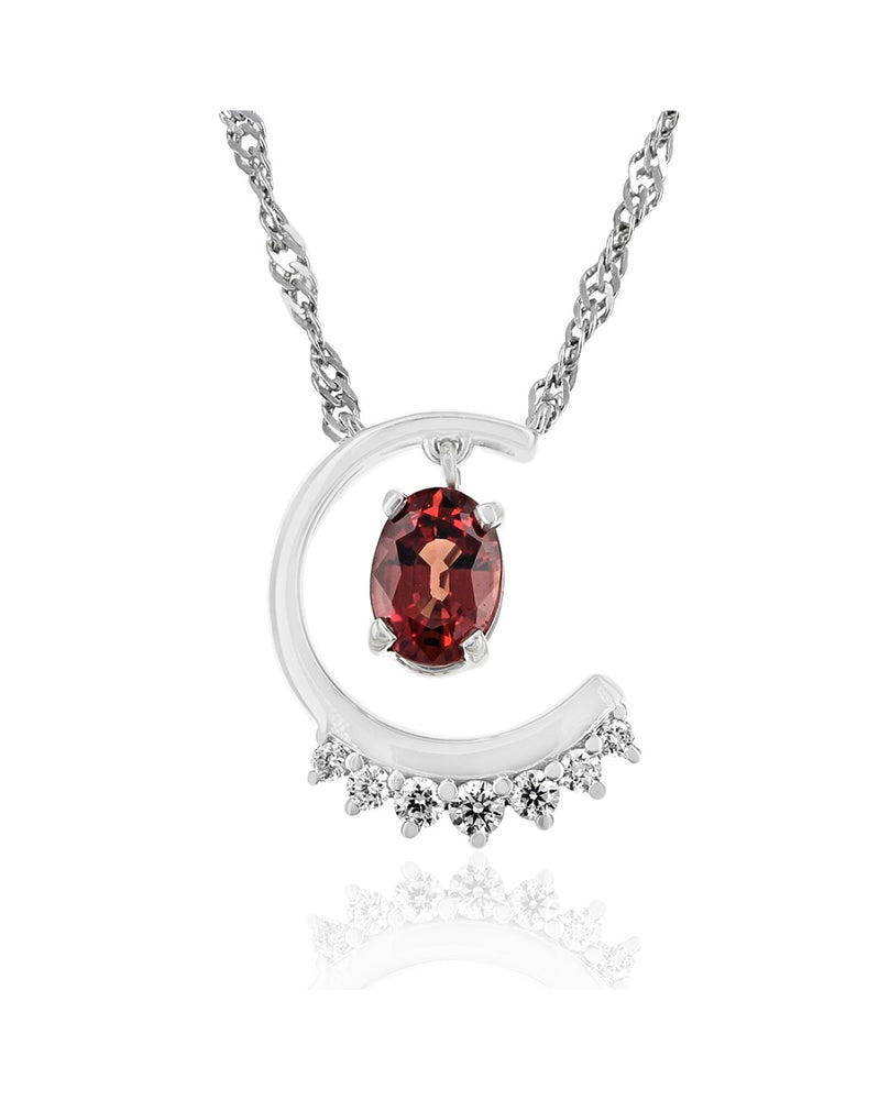 Garnet and Diamond Crescent Shaped Station Necklace in White Gold