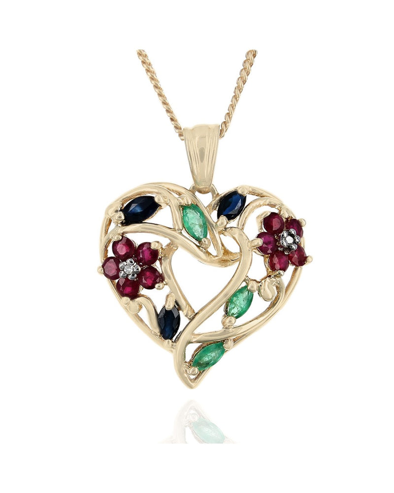 Multi-Gem Open Cut Floral Motif Drop Necklace in Yellow Gold