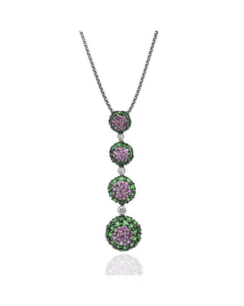 Pink Tourmaline and Tsavorite Halo and Diamond Drop Necklace