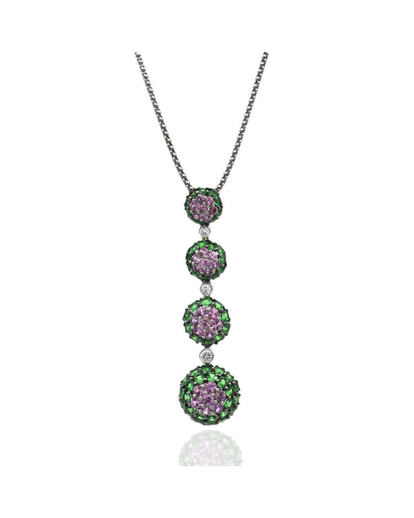 Pink Tourmaline and Tsavorite Halo and Diamond Drop Necklace