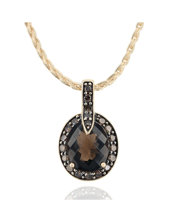 Smoky Quartz and Diamond Halo Drop Necklace in Yellow Gold