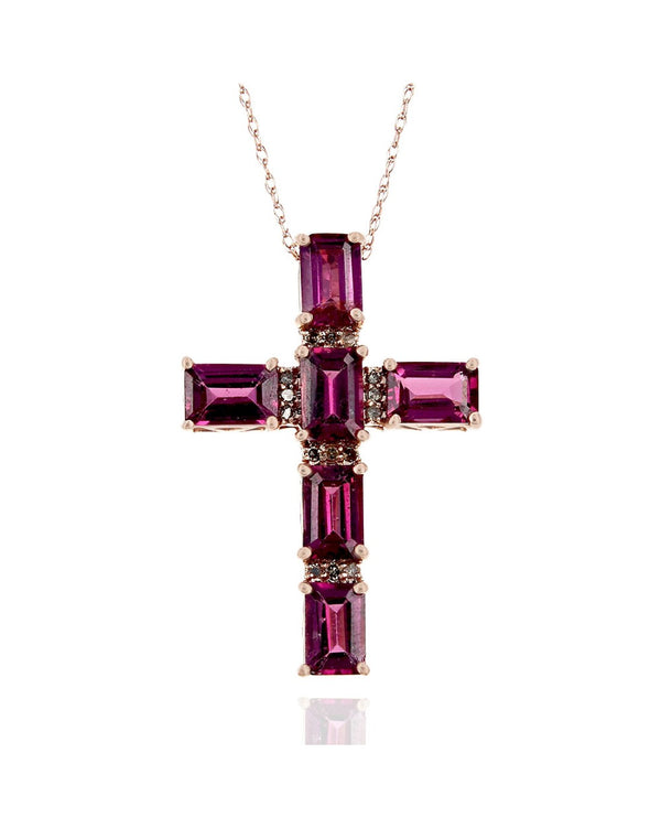 Alternating Rhodolite Garnet and Diamond Cross Necklace in Rose Gold