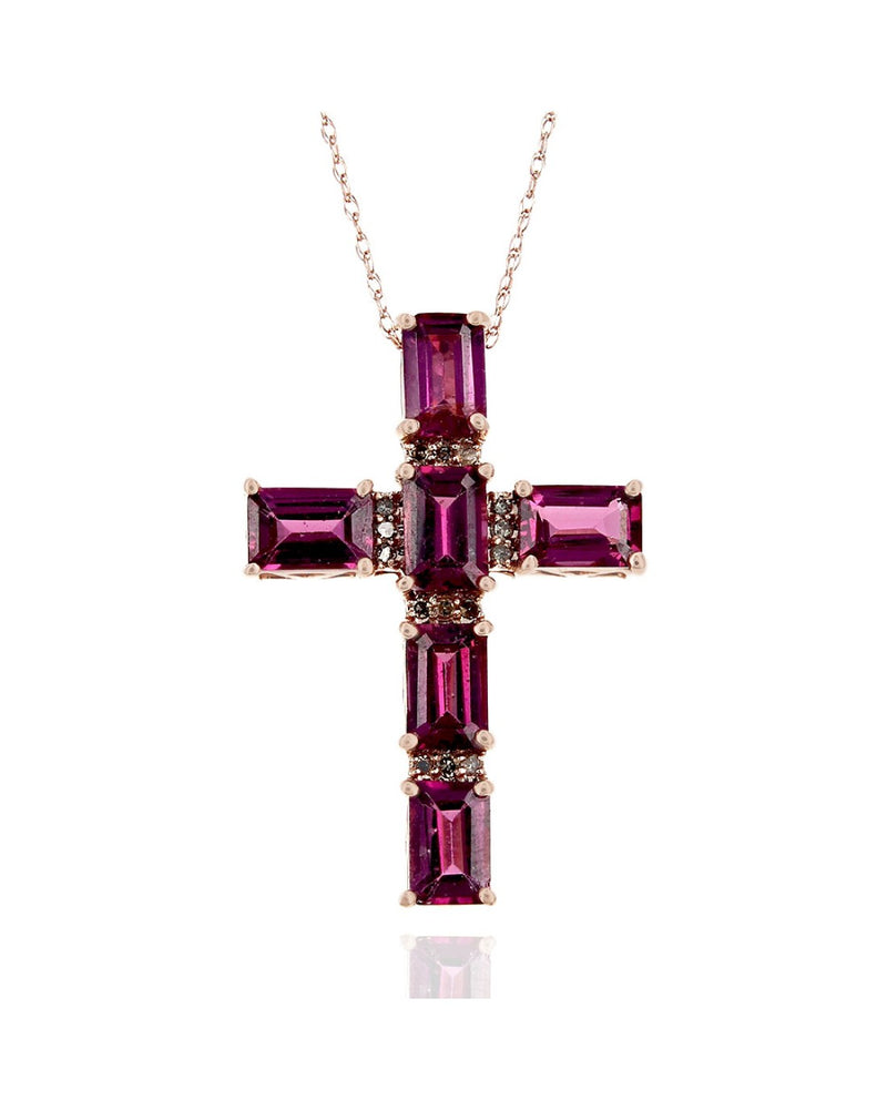 Alternating Rhodolite Garnet and Diamond Cross Necklace in Rose Gold