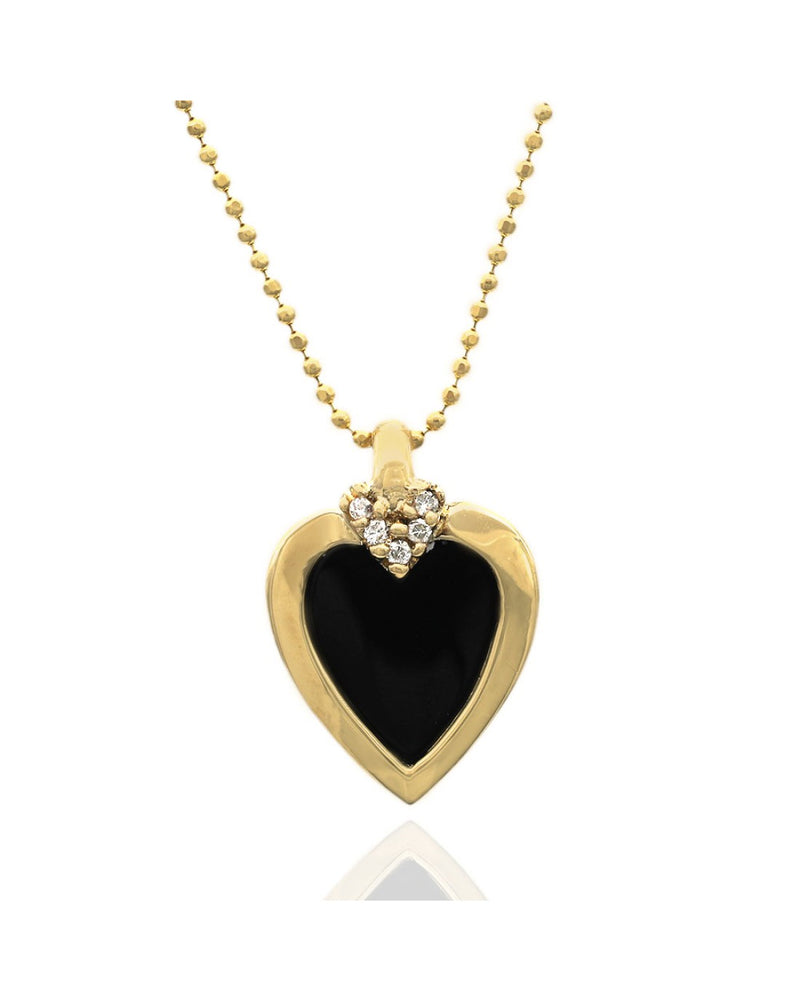 Onyx and Diamond Accent Heart Drop Necklace in Yellow Gold