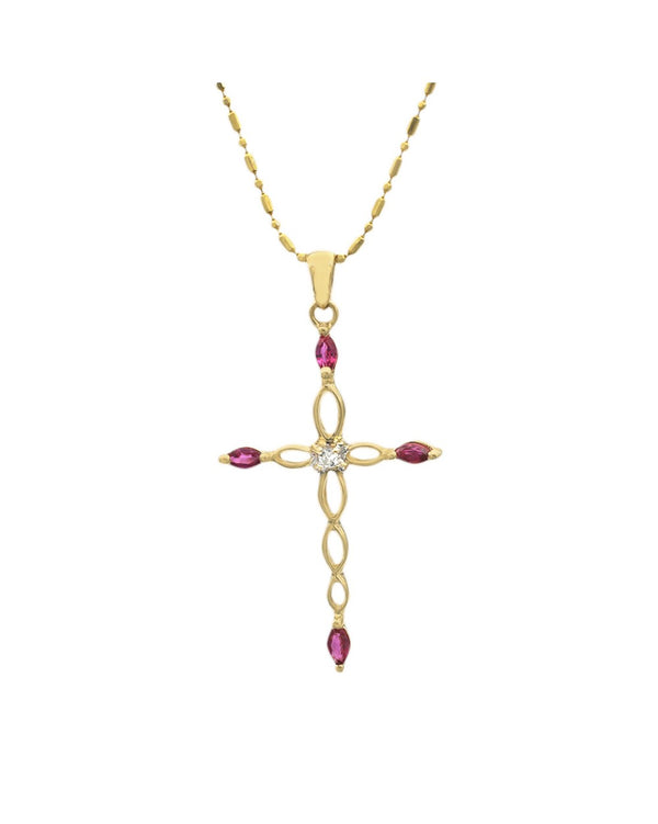 Ruby and Diamond Open Cut Cross Necklace in Yellow Gold