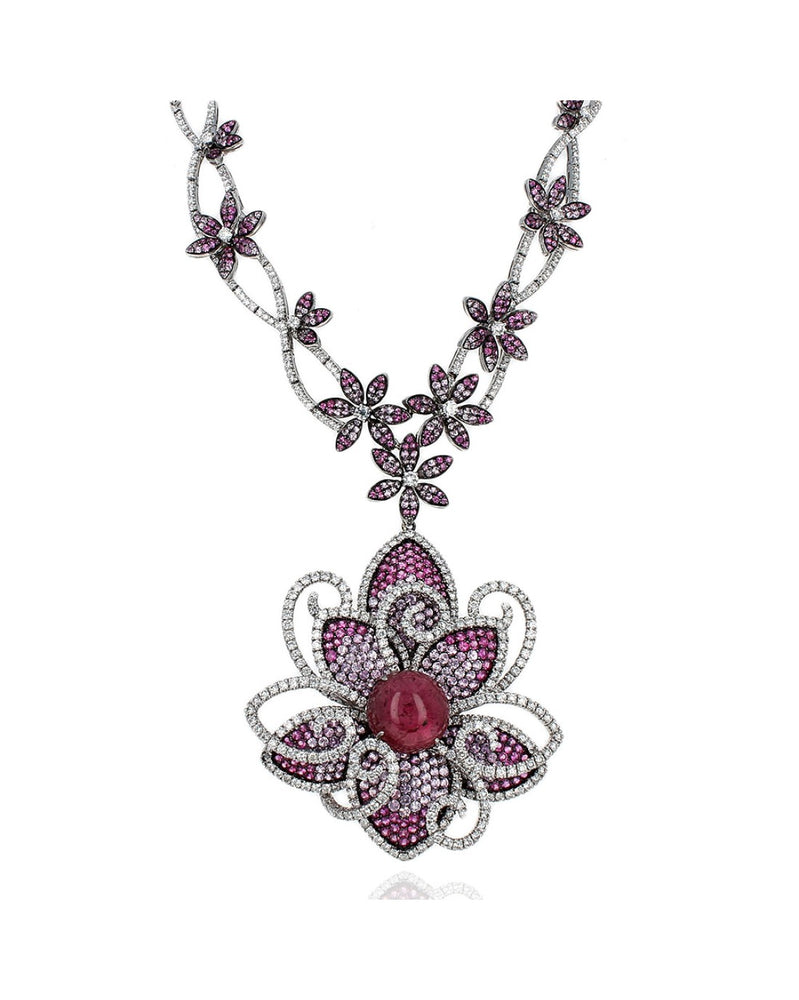 Diana M. Tourmaline, Sapphire and Diamond Flower Station Drop Necklace