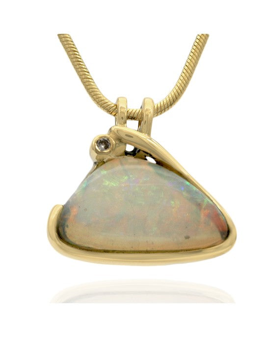 Ethiopian White Opal and Diamond Accent Drop Necklace in Yellow Gold