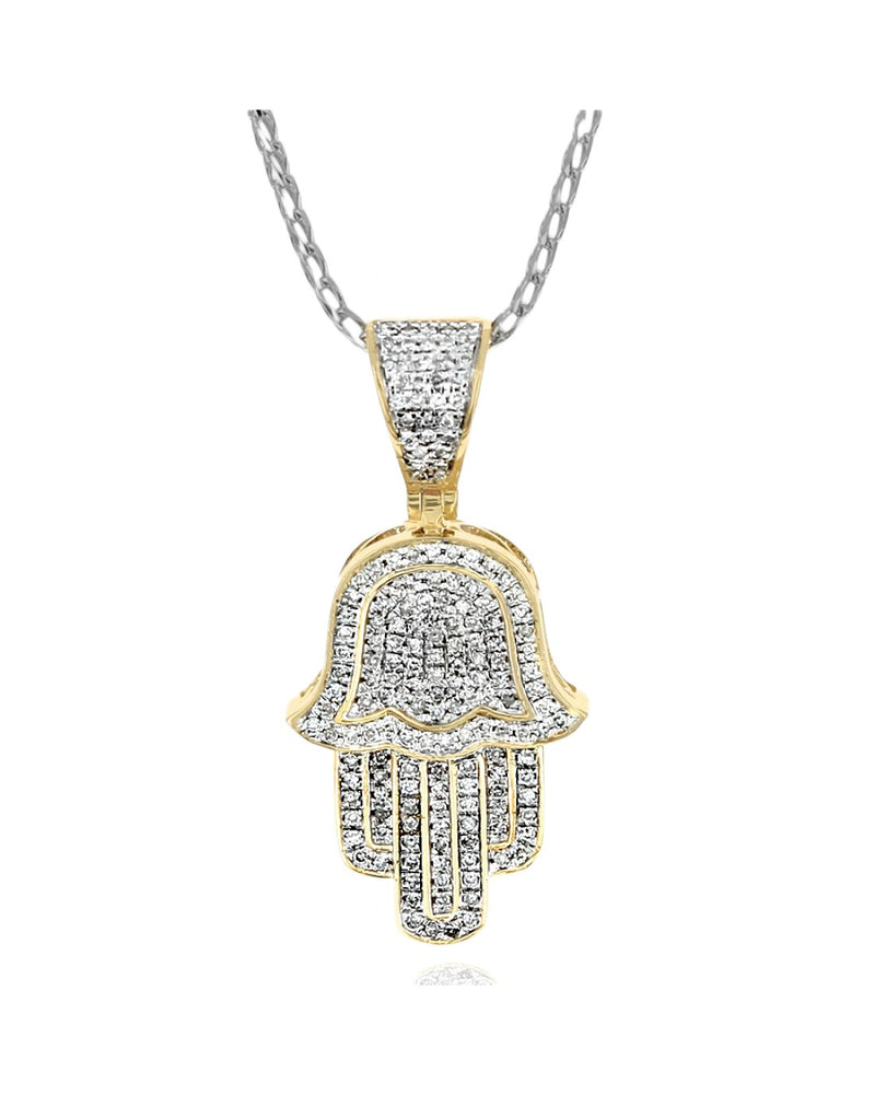 Pave Diamond Hamsa Drop Necklace in White and Yellow Gold