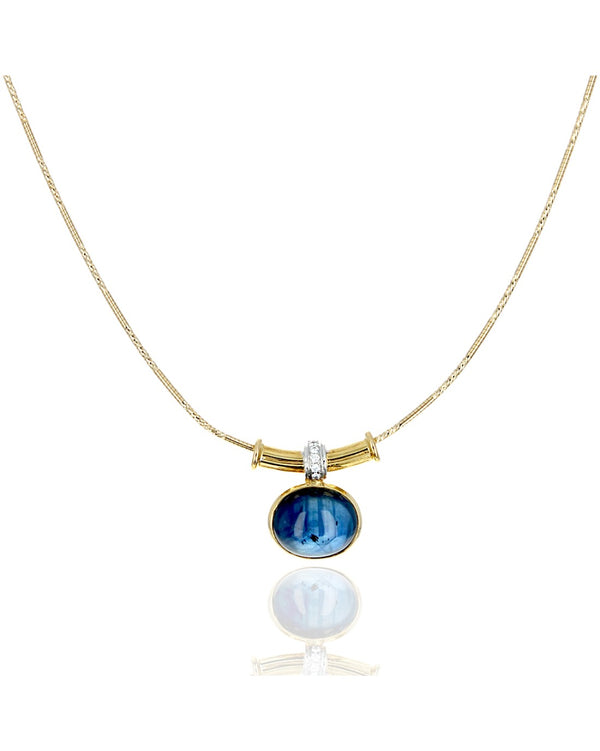 Blue Sapphire Cabochon Diamond Accent Drop on Diamond Cut Chain