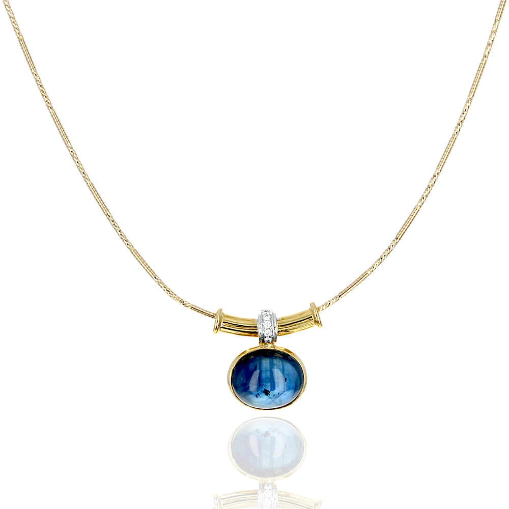 Blue Sapphire Cabochon Diamond Accent Drop on Diamond Cut Chain