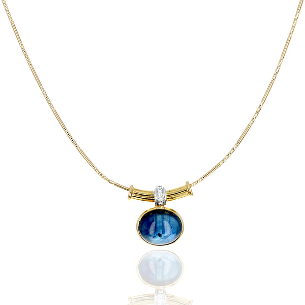 Blue Sapphire Cabochon Diamond Accent Drop on Diamond Cut Chain