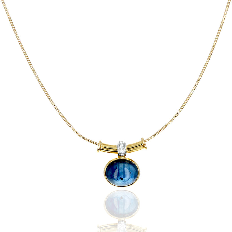 Blue Sapphire Cabochon Diamond Accent Drop on Diamond Cut Chain