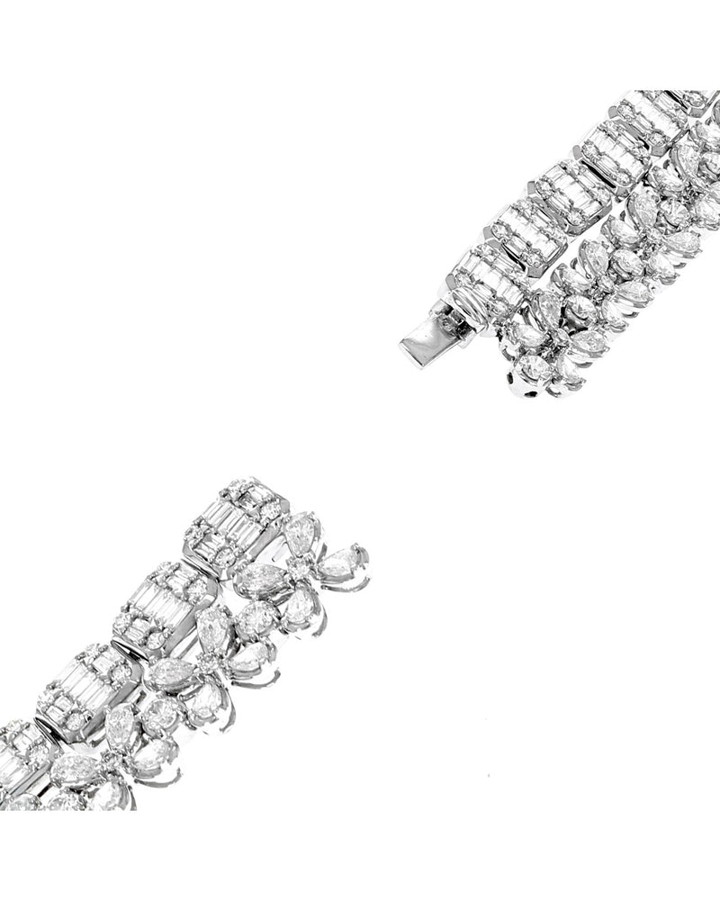 2 Row Mixed Diamond Mosaic and Flower Link Station Necklace in White Gold