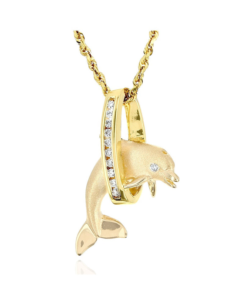 Diamond Dolphin Drop Necklace in Yellow Gold