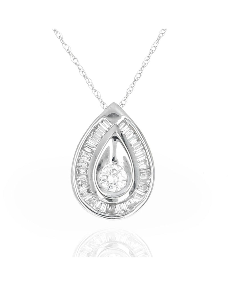 Round and Baguette Diamond Pear Shape Drop Necklace