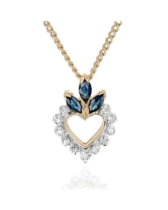 Dark Blue Sapphire and Diamond Open Heart Drop Necklace in White and Yellow Gold