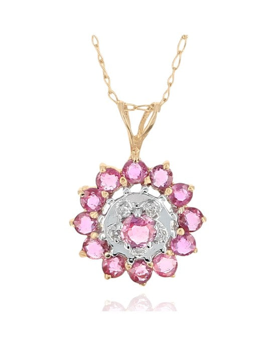 Pink Sapphire and Diamond Double Halo Drop Necklace in White and Yellow Gold