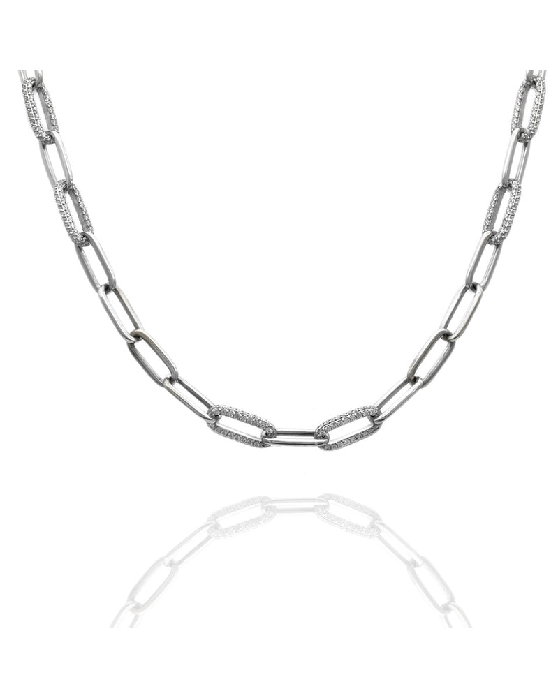 Diamond Station Paperclip Necklace in White Gold