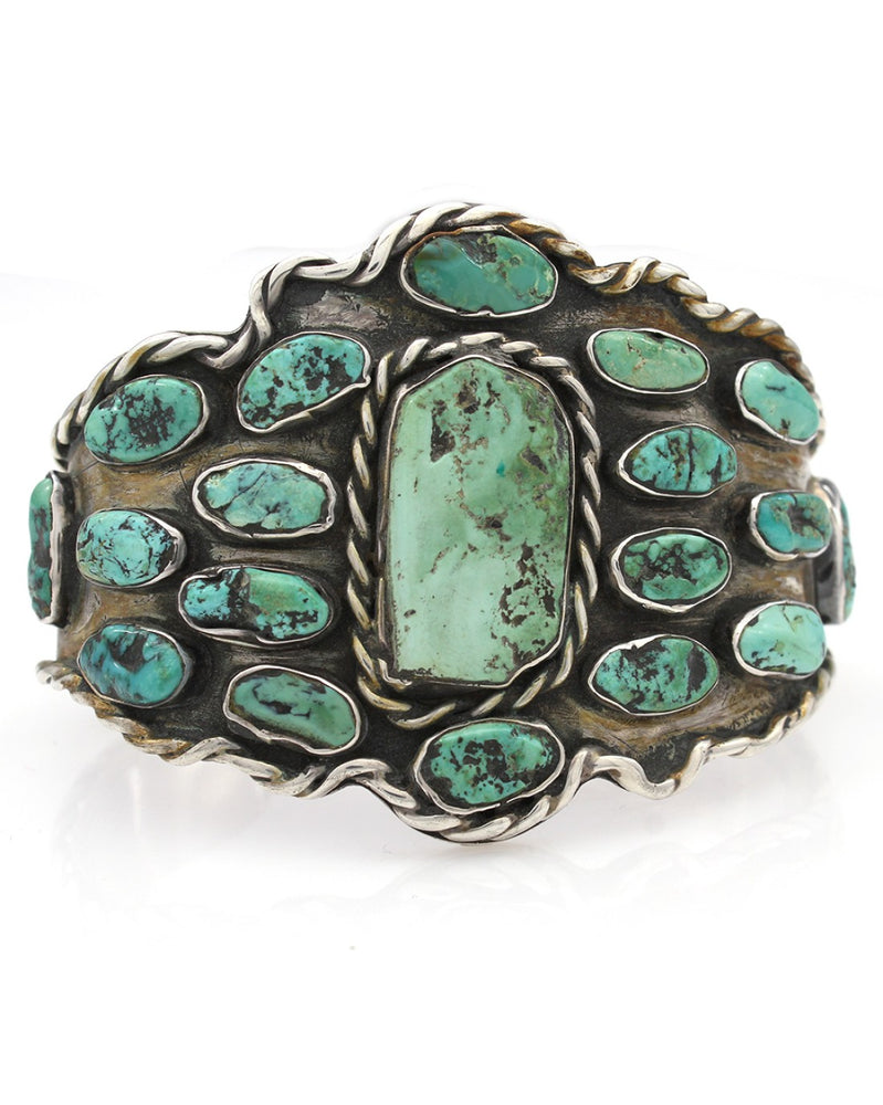 Old Pawn Navajo Sterling Silver & Turquoise Cluster Cuff Bracelet