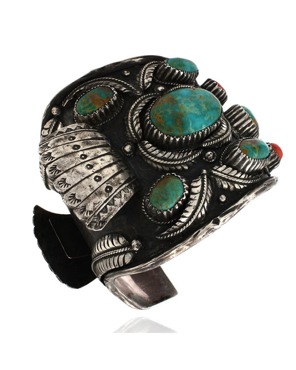 Large Vintage Navajo Sterling Silver Turquoise Watch Cuff Bracelet